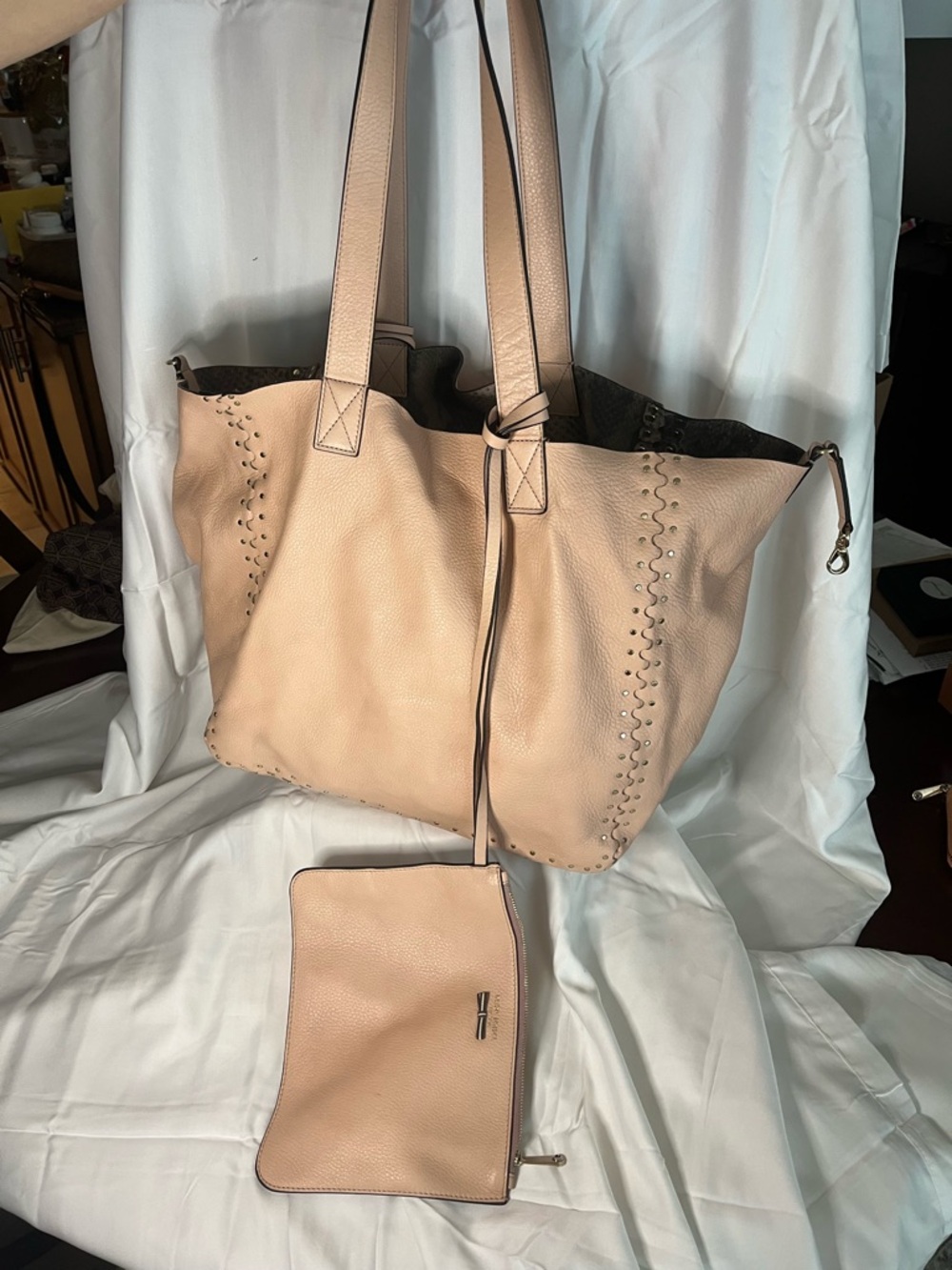 Reversible butter soft Henri Bendel Pebbled Blush Beige Tote with Matching Pouch